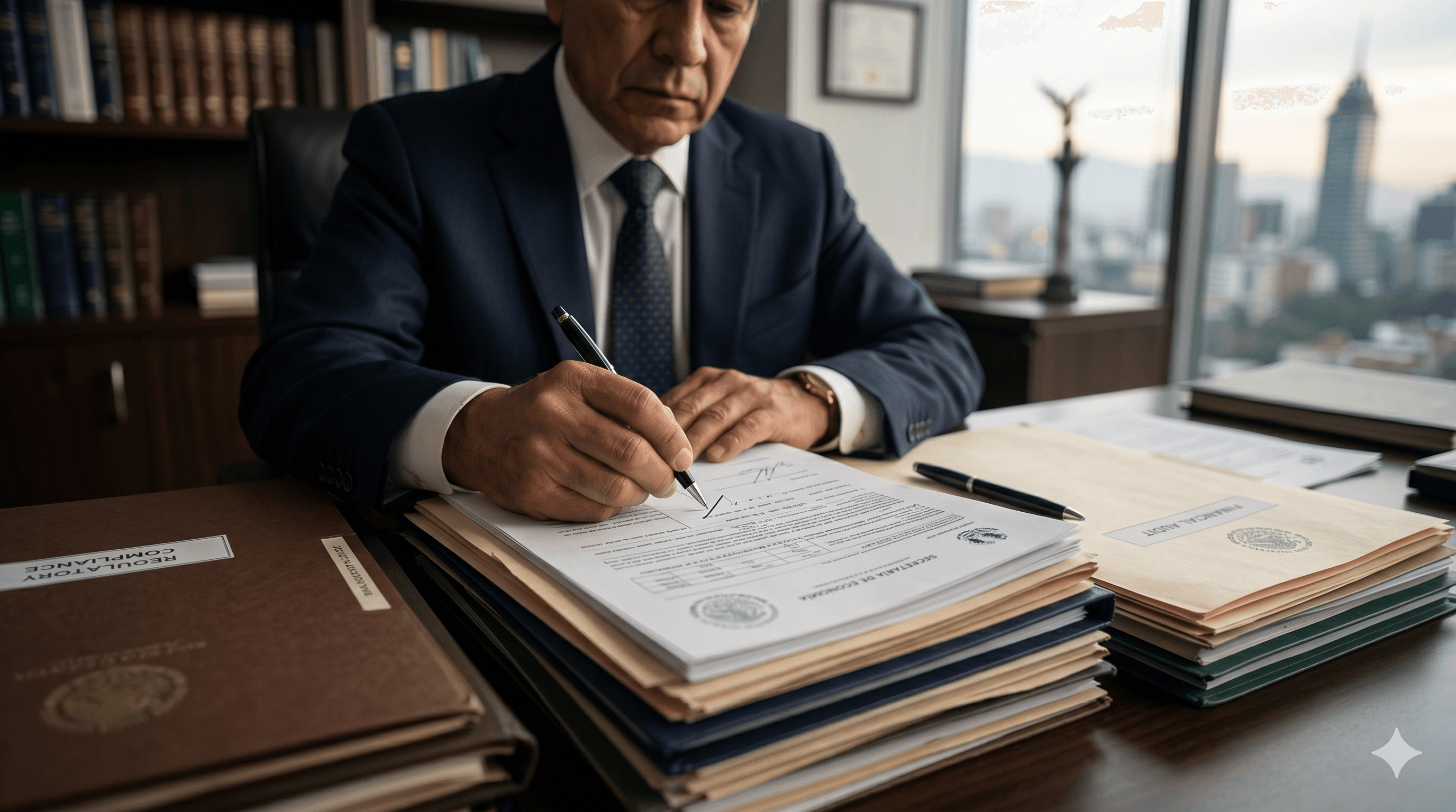 Ejecutivo firmando documentos de cumplimiento regulatorio CNBV en México