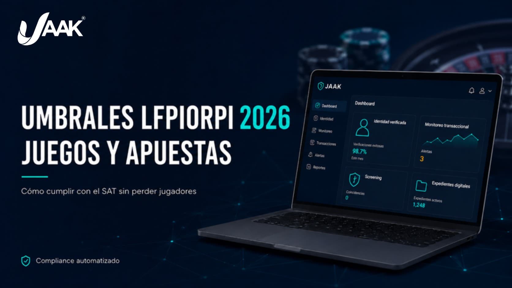 Portada del artículo: Umbrales LFPIORPI 2026 para juegos y apuestas, dashboard de compliance JAAK
