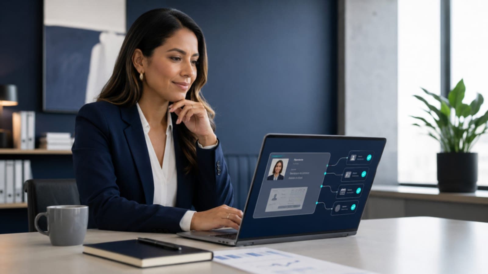 Especialista de cumplimiento revisando en su laptop el resultado de validaciones de identidad contra fuentes oficiales